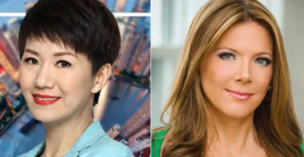 美国福克斯电视商业频道主播萃西.里根（右）与中国国际电视台英文主播刘欣