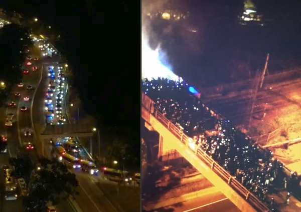 中共警察方仍增派近300人手进入中大一带（左） 在中大内逾200名防暴警察与学生对峙(