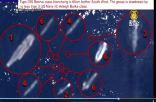摄于2021年4月16日的一张南海卫星照。其中，1为&ldquo;辽宁号&rdquo;，2为&ldquo;黄岗号&rdquo;，3为&ldquo;呼伦湖号&rdquo;，4为&ldquo;成都号&rdquo;和&ldquo;太原号&rdquo;，6则是3艘美军伯克级逐驱舰。（视频截图）