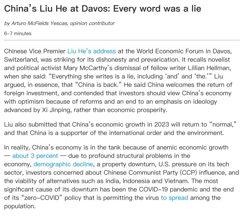 美国国会山报道：《刘鹤在达沃斯，每个字都是谎言》