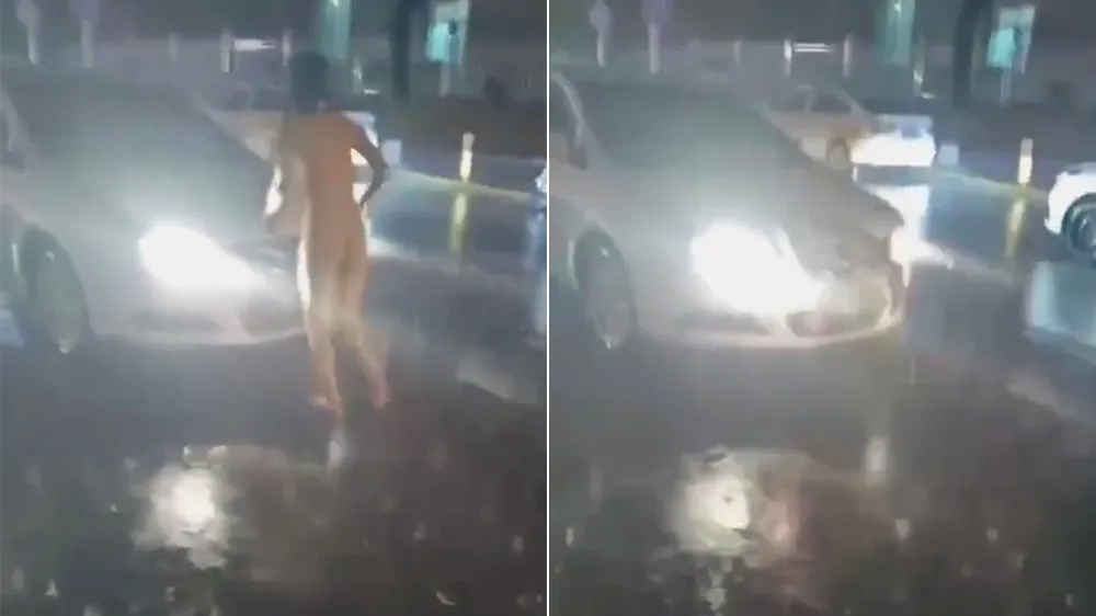 中国一名女子全身赤裸衝上马路拦车，影片近日在网络曝光后引发议论，网友爆料指出，女子是为了拦阻一名&ldquo;睡完就跑&rdquo;的渣男，才会做出疯狂举动。翻摄画面