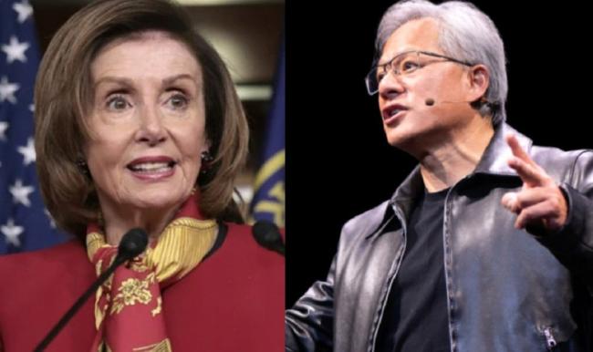 美国前众院议长佩洛西（左）及辉达执行长黄仁勋（右）。&nbsp; &nbsp;图：新头壳合成