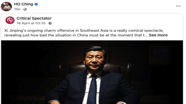 2025年4月21日，新加坡前总理李显龙妻子在脸书上转发文，文章称习执政12年来&ldquo;一直表现得像个黑帮老大&rdquo;。（网络截图）