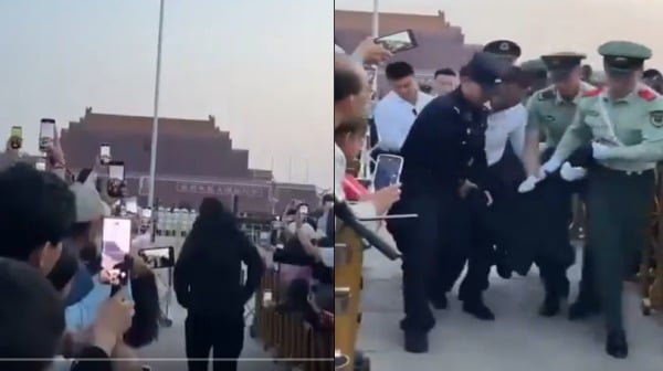 六四前夕,男子冲向天安门旗杆被无数武警火速控制